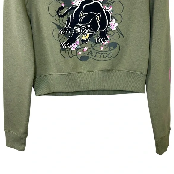 Ed Hardy - Women’s Y2k Graphic-Print Sweatshirt, Cropped, ‘Tattoo’ - Green Small - Picture 10 of 16